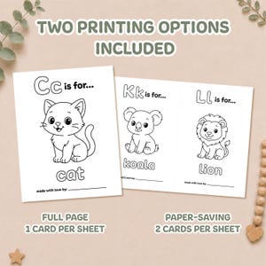 Two printing layouts for the baby shower ABC coloring activity: one full-size coloring page per sheet or two paper-saving cards per sheet.