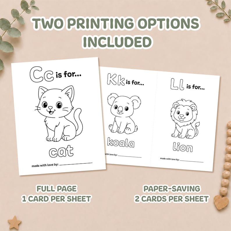 Two printing layouts for the baby shower ABC coloring activity: one full-size coloring page per sheet or two paper-saving cards per sheet.
