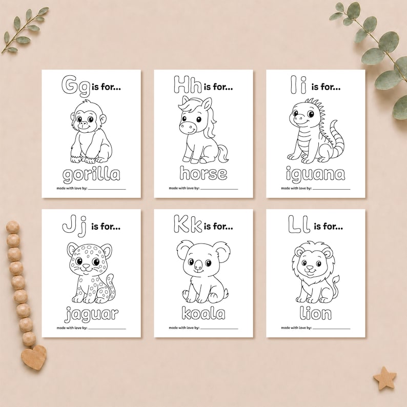 Printable ABC coloring pages G through L with cute animal illustrations of a gorilla, horse, iguana, jaguar, koala, and lion.