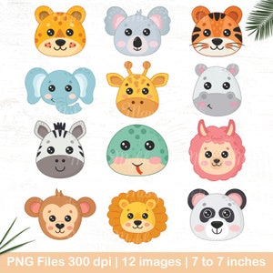 Clipart wilde dierengezichten | Safari Jungle Animal PNG-bundel | Schattige cartoondierenillustraties voor knutselen en decoreren