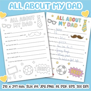 Página para colorear del Día del Padre para niños / Hoja de trabajo imprimible "Todo sobre mi papá" / Actividad divertida del Día del Padre / Descarga instantánea