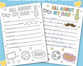 Vatertags Malseite für Kinder | Alles über meinen Vater zum Ausdrucken Arbeitsblatt | Niedliche Vatertagsaktivität | Sofort Download