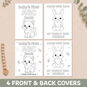 Four printable front and back covers for a baby shower ABC coloring book, featuring cute cat and bunny line art on a neutral beige background with eucalyptus leaves.