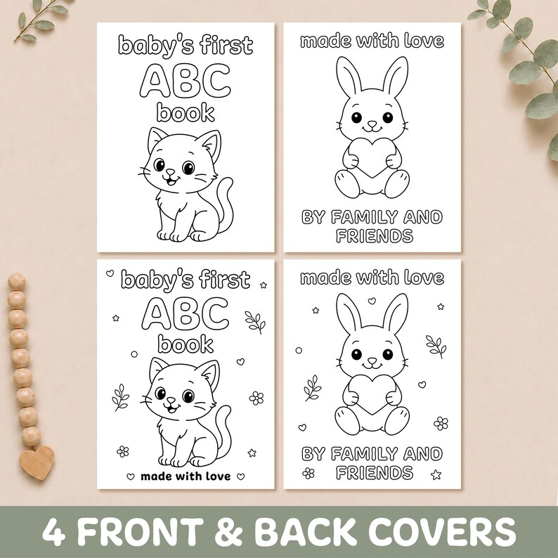 Four printable front and back covers for a baby shower ABC coloring book, featuring cute cat and bunny line art on a neutral beige background with eucalyptus leaves.