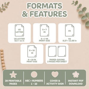 Formats and features of the printable baby shower coloring book, including 39 pages, ABC and numbers 1–10, four print sizes, covers, activity sign, and instant PDF download.