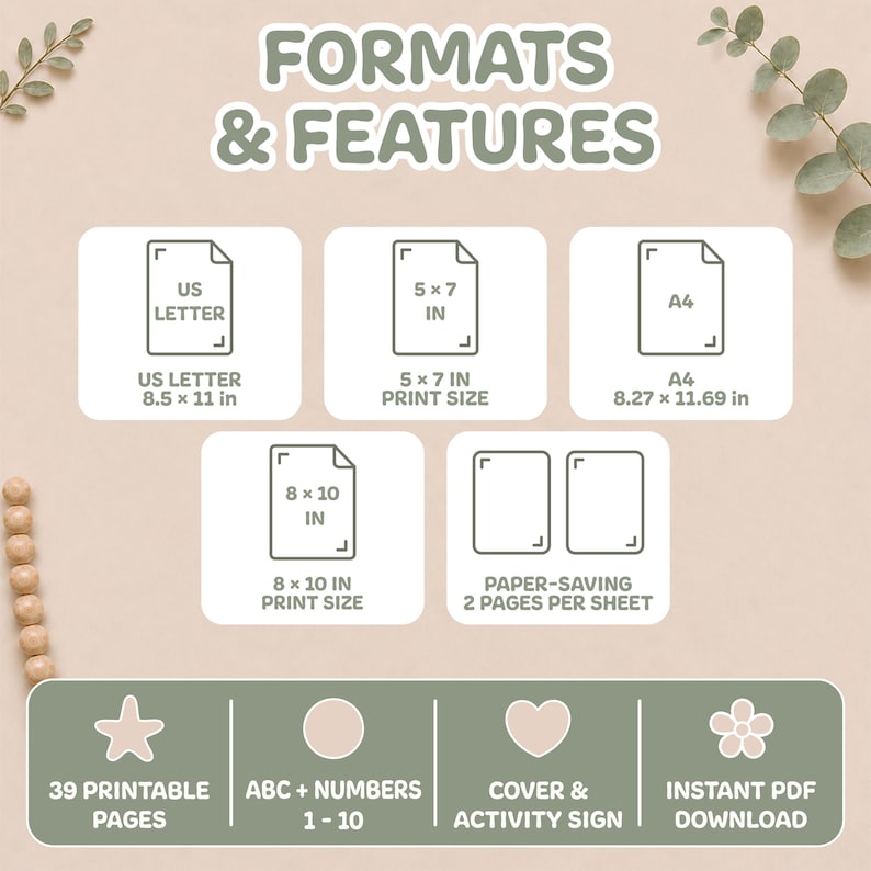 Formats and features of the printable baby shower coloring book, including 39 pages, ABC and numbers 1–10, four print sizes, covers, activity sign, and instant PDF download.