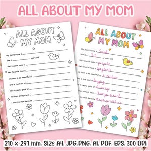 Muttertag Malseite zum Ausdrucken | Muttertagsgeschenk | Alles über meine Mutter druckbar | Sofortdownload | Kinder Geschenk für Mama | Vorschule