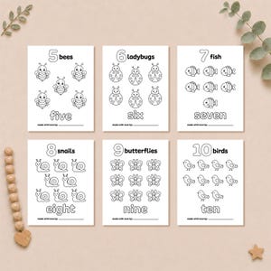 Six printable number coloring pages from 5 to 10 featuring bees, ladybugs, fish, snails, butterflies, and birds for a baby shower keepsake book.