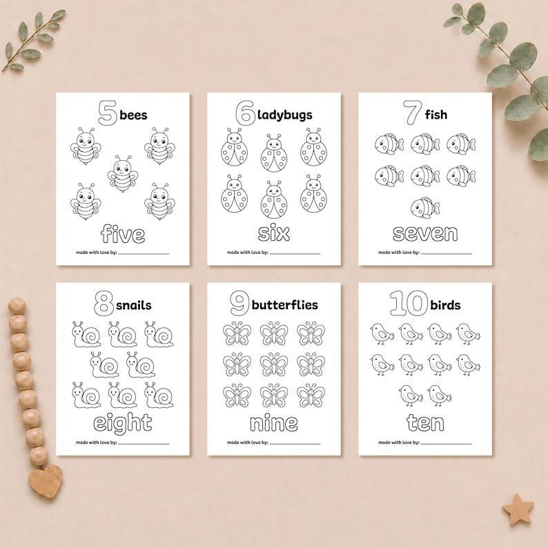 Six printable number coloring pages from 5 to 10 featuring bees, ladybugs, fish, snails, butterflies, and birds for a baby shower keepsake book.