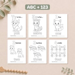 Printable baby shower coloring pages featuring Y for yak, Z for zebra, and counting pages 1 through 4 with a fox, horses, turtles, and crabs.