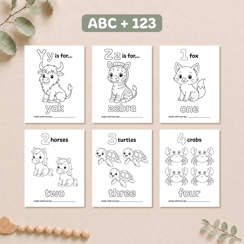 Printable baby shower coloring pages featuring Y for yak, Z for zebra, and counting pages 1 through 4 with a fox, horses, turtles, and crabs.