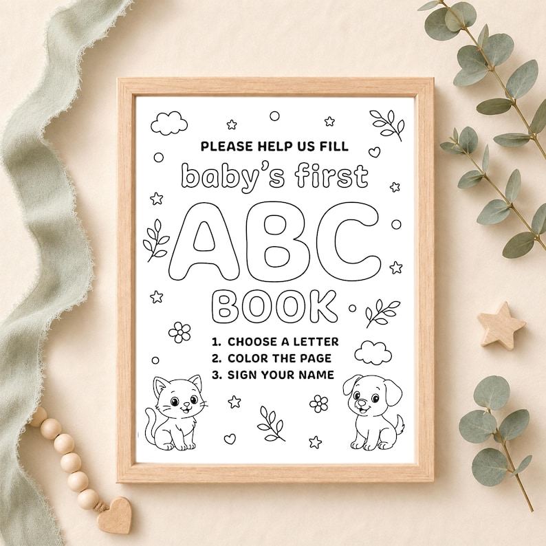 Framed printable baby shower ABC book sign with simple instructions to choose a letter, color the page, and sign your name, decorated with cute animals.
