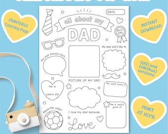 Pode incluir: Uma página para colorir imprimível intitulada "All About My Dad" com seções para preencher com detalhes pessoais. Inclui uma gravata, óculos e um gráfico de bola de futebol. A página mede 21,0 x 29,7 cm.