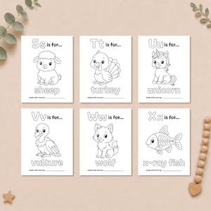 Printable alphabet coloring pages S through X featuring a sheep, turkey, unicorn, vulture, wolf, and X-ray fish in cute child-friendly line art.