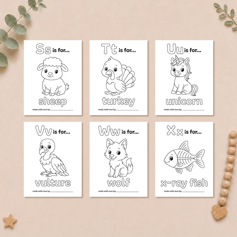 Printable alphabet coloring pages S through X featuring a sheep, turkey, unicorn, vulture, wolf, and X-ray fish in cute child-friendly line art.