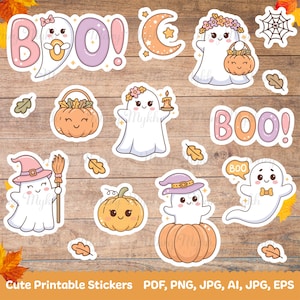 Puede incluir: Un conjunto de diez pegatinas de Halloween imprimibles con lindos fantasmas, calabazas y la palabra "BOO!" en rosa y morado. Las pegatinas son perfectas para agregar un toque de fantasía a tus decoraciones de Halloween.