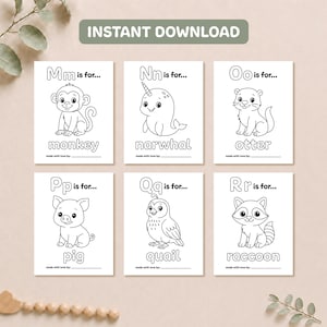 Printable alphabet coloring pages M through R featuring a monkey, narwhal, otter, pig, quail, and raccoon for a baby shower keepsake activity.