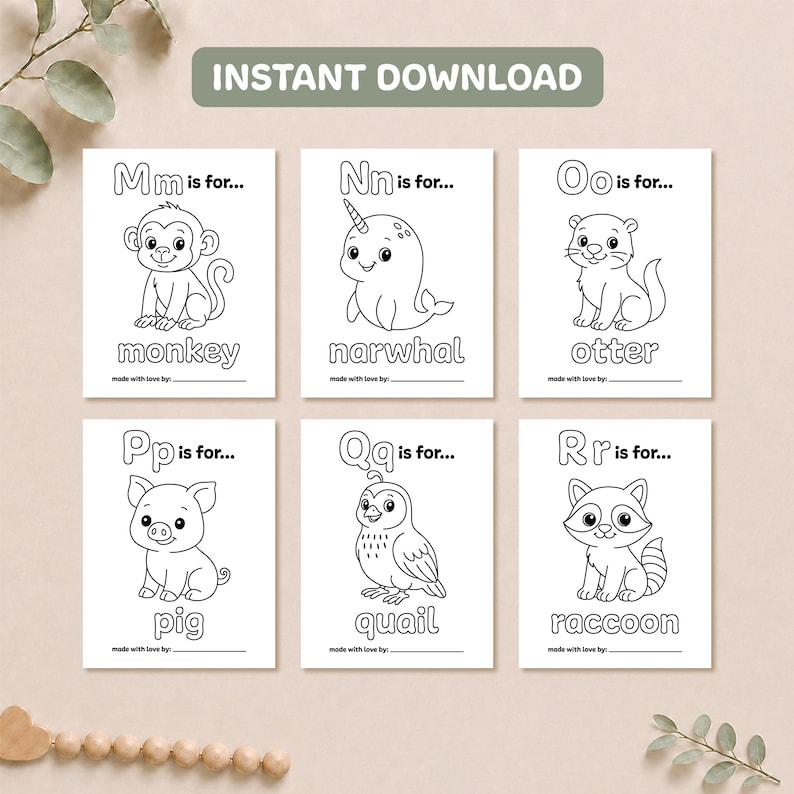 Printable alphabet coloring pages M through R featuring a monkey, narwhal, otter, pig, quail, and raccoon for a baby shower keepsake activity.