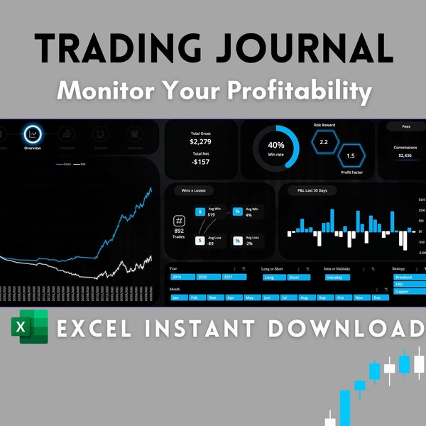 Day Trading Journal, Forex Stocks Tracker, Daily Trade Log, Excel Spreadsheet, Trading Organizer, Back Testing