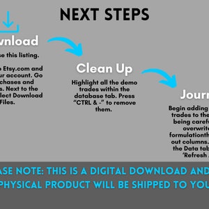 May include: A digital download guide with instructions on how to download, clean up, and use a journal. The guide has a blue arrow pointing to each step. The text says "Download", "Clean Up", and "Journal".