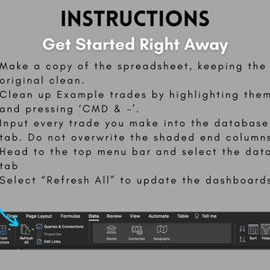 May include: A screenshot of a computer screen showing a spreadsheet program with a menu bar at the top. The menu bar has options for Home, Insert, Draw, Page Layout, Formulas, Data, Review, View, Automate, Table, and Tell me. The menu bar also has a search bar and a filter icon. The text "INSTRUCTIONS" is at the top of the screen, followed by the text "Get Started Right Away". The text below the menu bar lists five steps for using the spreadsheet program.