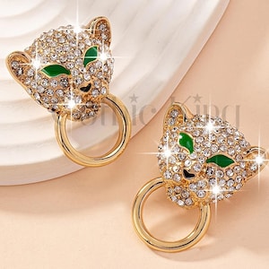 1.00Ct Round White Sapphire Earrings, Panther Face Style Unique Earrings, Elegant Women's Party Wear Earrings, 14k Yellow Gold Finish Silver