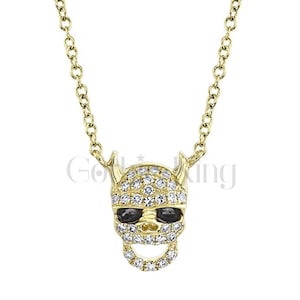 White Sapphire Gothic Skull Pendant Necklace: 14k Yellow Gold Finish