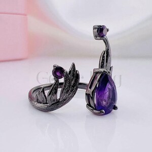 Purple Sapphire Pear Ring: Sterling Silver Angel Wing Art Deco Ring