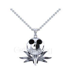Gothic Jack Skellington Pendant Necklace, Alien Face Pendant, Round Cut Black Sapphire, 925 Sterling Silver, White/Yellow/Rose Gold Finish