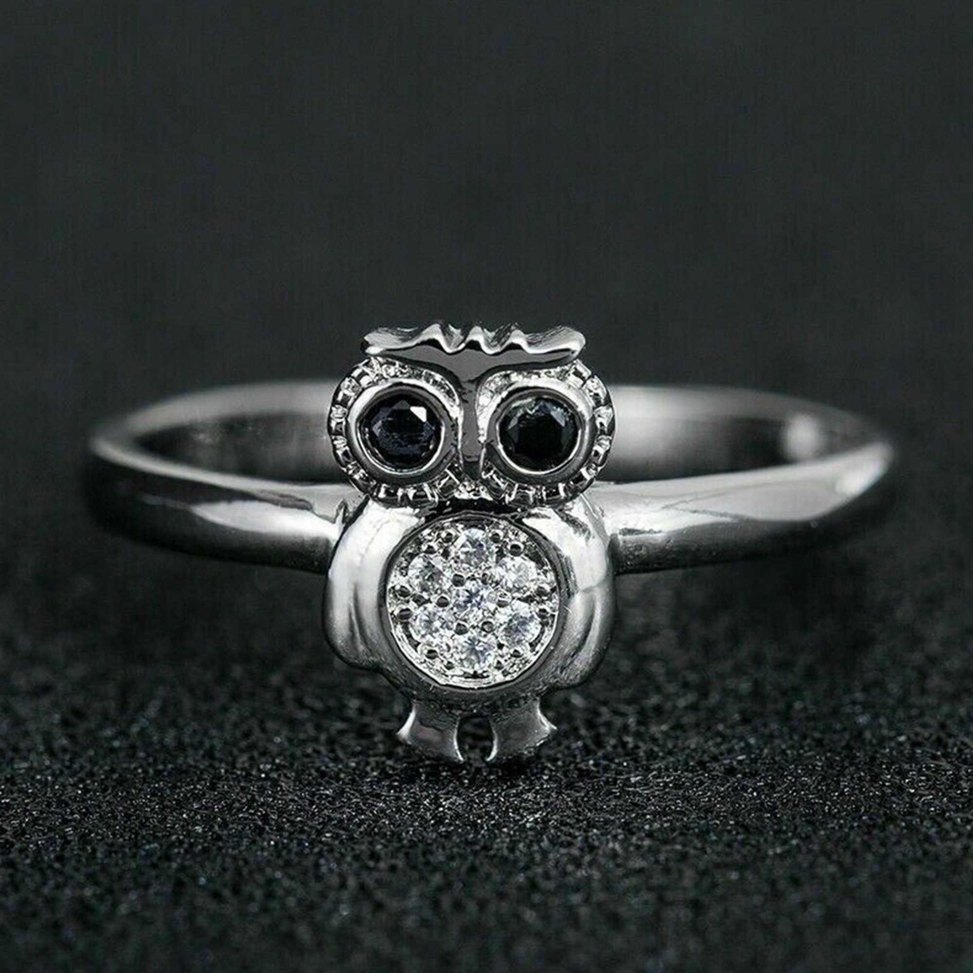 Owl Ring: Black & White Sapphire, Sterling Silver Bird Ring