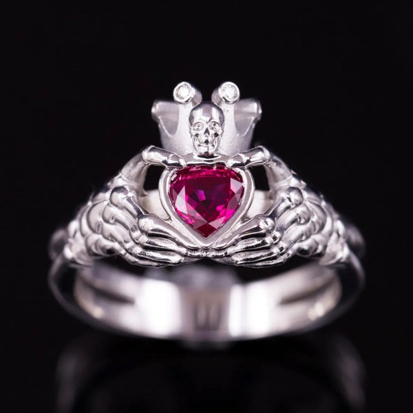 Heart Irish Claddagh Crown Ring, Gothic Skull Face Ring, Skeleton Bone Ring, Heart Shape Pink Sapphire, Sterling Silver, White Gold Finish