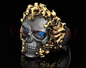 Blue Sapphire Skull Ring: Sterling Silver Gothic Jewelry