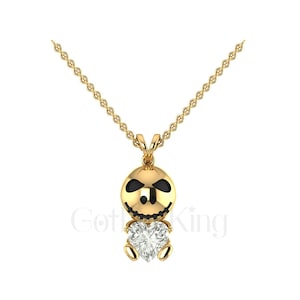 Gothic Jack Skellington Pendant Necklace, Vintage 2.00 Carat Heart Shape White Sapphire, 925 Sterling Silver, Yellow/White/Rose Gold Finish