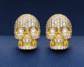 Gold Finish Diamond Skull Earrings: Gothic Sapphire Studs