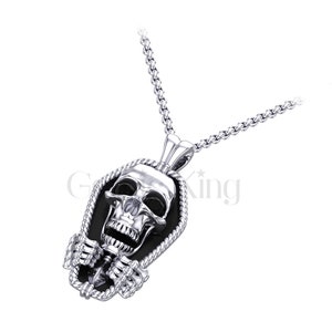 Gothic Skull Coffin Pendant Necklace: Black Sapphire, Sterling Silver
