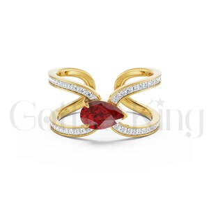 14K Yellow Gold Finish 2.00 Ct Pear Cut Red Diamond Open Wedding Engagement Ring
