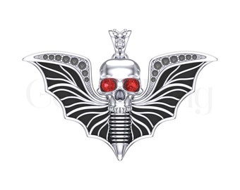 Skull with Punk Pendant, 0.50 Carat Round Cut Red & Black Sapphire, 925 Sterling Silver, White/Rose/Yellow Gold Finish, Skull Wings Jewelry