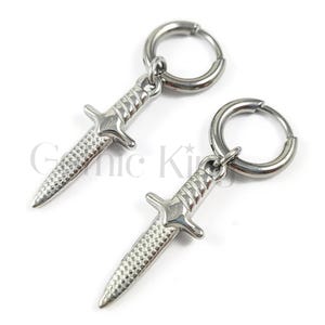 Gothic Sword Dangle Hoop Earrings: 925 Sterling Silver, White Gold Finish