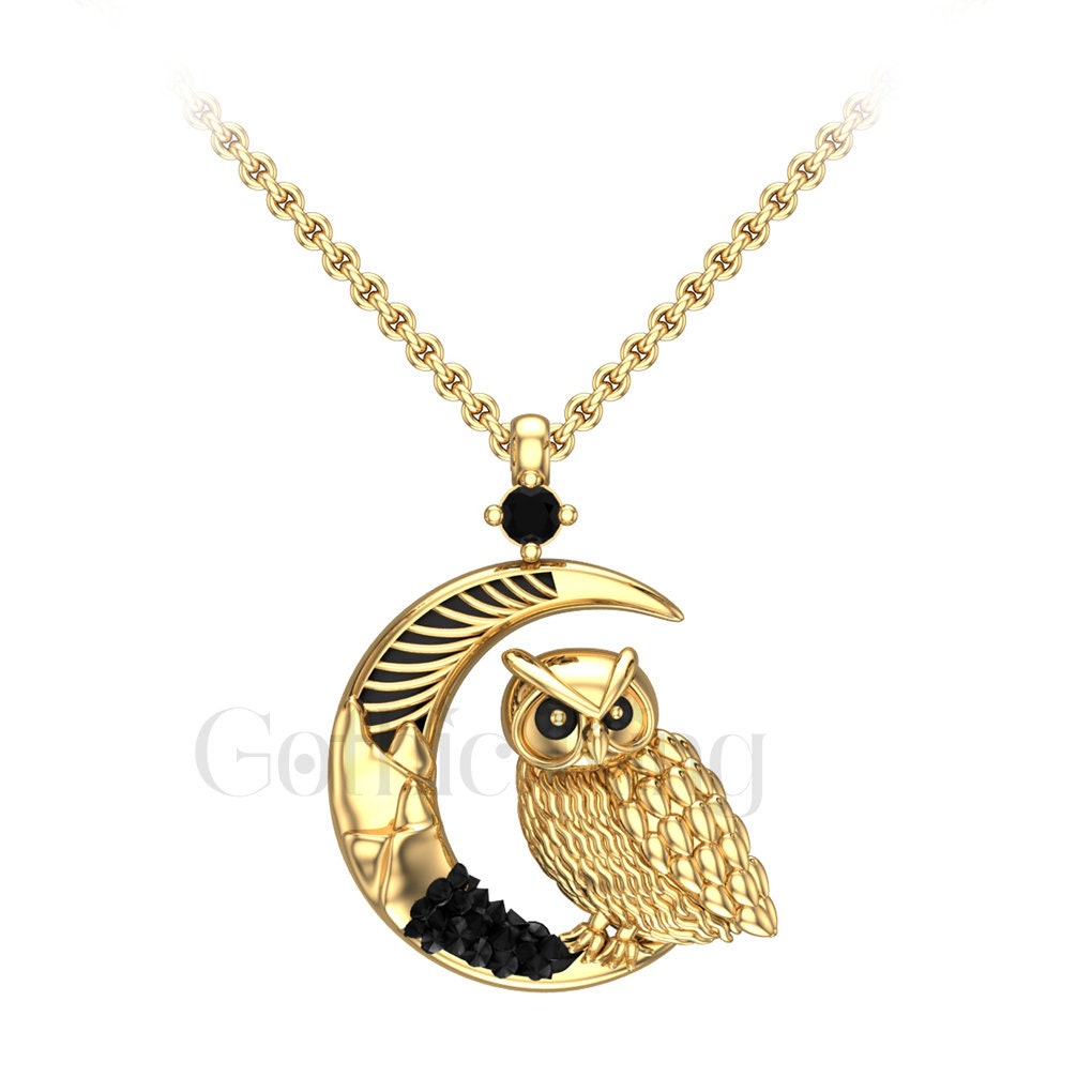 Owl Pendant Necklace: Black Sapphire, Sterling Silver, Gold Finish
