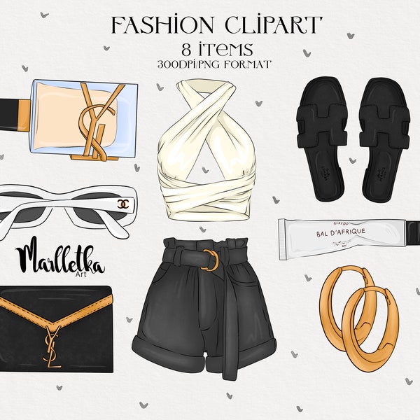 Clipart de vêtements de luxe, vêtements de mode, marque de luxe, clipart bijoux, ensemble fashion girl, clipart lunettes, parfums