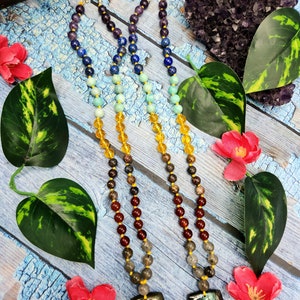 7 Chakra 56 Bead Mala of 8mm size with Labradorite square shaped Om pendant | Gemstone Necklace | Birthday Gift | Mother's Day gift