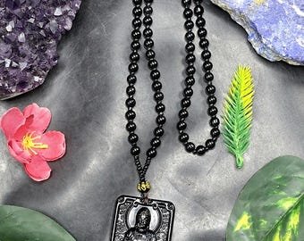 Black Obsidian Buddha Pendant with Obsidian Bead Mala: A Symbol of Protection, Peace, and Corporate Growth | Gemstone Mala | ONE PIECE ONLY
