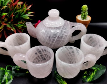 Rose quartz tea set - exquisite carving of a tea kettle and 4 tea cups in rose quartz - crystal and gemstone carvings