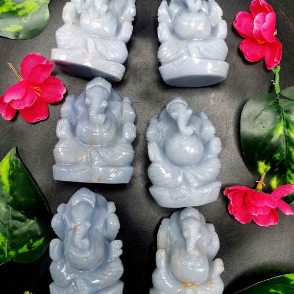 Angelite Handmade Carving of Ganesh - Lord Ganesha Idol | Sculpture in Crystals/Gemstones - 3 inches and 145 gms - 1 PIECE ONLY