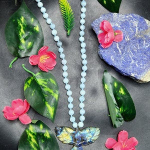 Handmade Aquamarine Bead Mala Necklace with Labradorite Phoenix Pendant - Embrace Serenity and Transformation