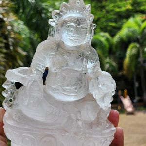 Lord Kuber statue in Clear Quartz Handmade Carving - Kubera Idol |Sculpture in Crystals and Gemstones - 5.5 inches and 810 gms (1.78 lb)