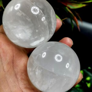 Puede incluir: Dos esferas de cristal de cuarzo transparente. Las esferas se sostienen en una mano, con un fondo oscuro y follaje verde y rojo. Las esferas son translúcidas y reflejan la luz.