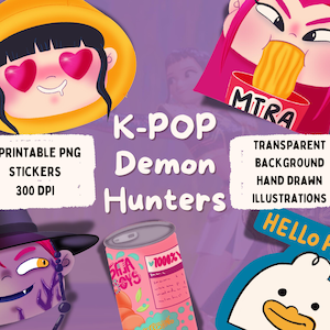 Kpop demonenjagers afdrukbare stickerset | Handgetekende K-pop-personages en -elementen | Digitale download png-stickers