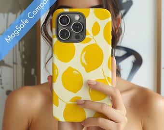 Magsafe iPhone-hoesje Summer Lemons, schattige minimale fruitprint met een crèmekleurige achtergrond voor iPhone 17 16 15 14 13 Air Pro Max Plus