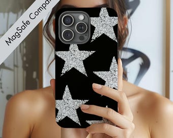 Black Silver Star MagSafe Phone Case, Glitter Y2K Aesthetic Cover for iPhone, Girly Fashion Party Case, Trendy Sparkle Protective Case
